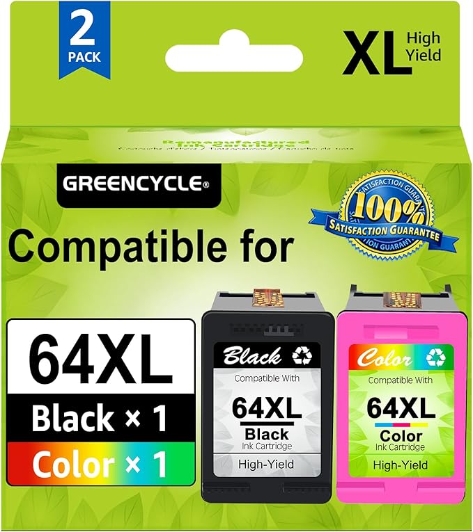 greencycle Remanufactured High Yield Ink Cartridge Replacement for HP 64 XL 64XL N9J91AN N9J92AN Compatible with Envy Photo 7858 7855 7155 6255 7158 7164, Envy 5542 Printer (1 Black, 1 Tri-Color)