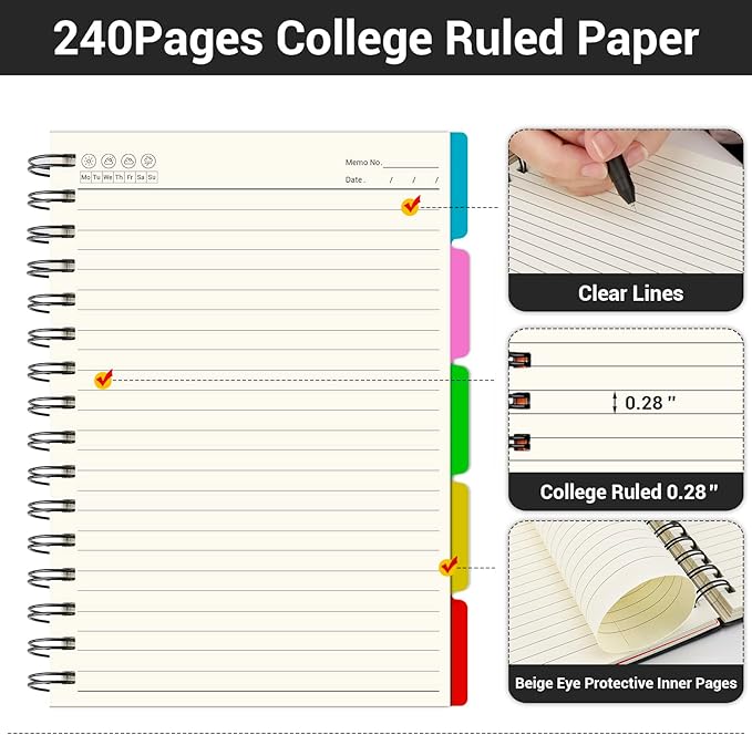 EUSOAR College Ruled Spiral Notebook, 3 Pack A5 5.5"x 8.3", 100gsm Paper, 120 Sheets/ 240 Pages, Black Hardcover 5 Subject Spiral Lined Notebooks, for Note Taking School Business Work Writing Diary