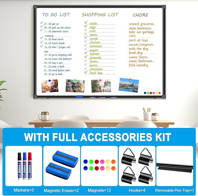 H-Qprobd 48"x36" Magnetic White Board Dry Erase Wall Mount Whiteboard - Office Home Classrooms White Board Hanging Writing Board with Black Aluminum Frame