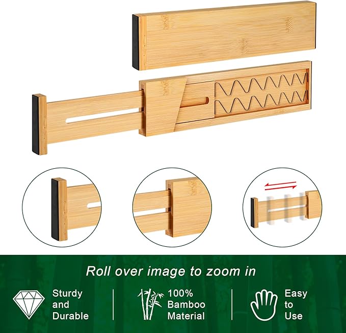 FJO 4 Pack Adjustable Bamboo Drawer Dividers - 12.5" - 21.7" Expandable Drawer Separators for Kitchen, Utensils, Clothes, Bedroom, Dresser, Bathroom (Beige)