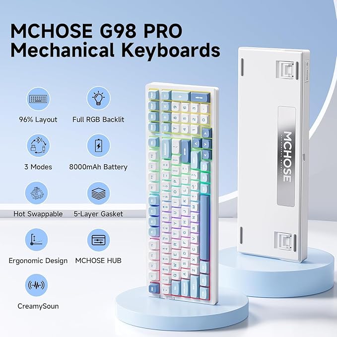 G98 PRO Wireless Gaming Keyboard, Tri-Mode Connection Mechanical Keyboard, Hot Swappable Custom Gasket Structure, Pre-lubed Linear Switches, Double Shot PBT Keycaps, RGB LED Backlit, Blue&White