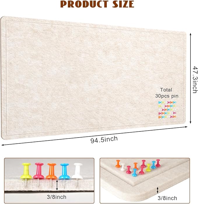 Extra Large Bulletin Board, 96 X 48 inches Cork Board with 30 Pushpin, 8' x 4' Felt Cork Board Notice Pin Board, Self-Adhesive Vision Board Mood Board Foldable Photo Board for Wall - Oatmeal