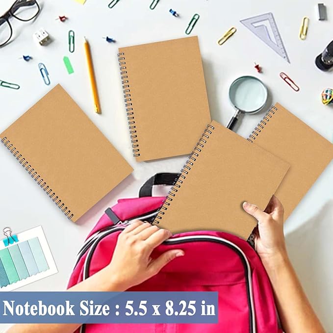 GINMLYDA 4Pack Small Spiral Notebook A5, 8.25x5.5” 120 Lined Pages Wide Ruled Spiral Journal Bulk Blank Kraft Cover Spiral Bound Notebook & Writing Pads for Home Office Meeting Work Note Taking