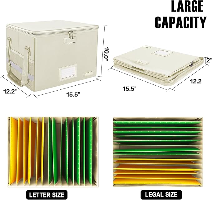 ENGPOW File Box with Lock, Fireproof Document Box with Zipper Lid, Collapsible File Storage Organizer Filing Cabinet with Handles, Portable Home Office Safe for Hanging Letter/Legal Folders, Beige