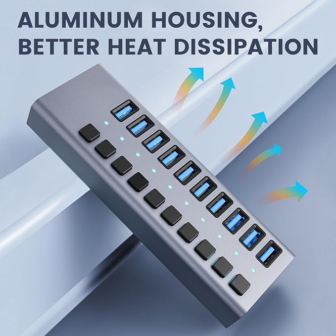 48W Powered USB Hub - ACASIS 10 Ports USB 3.0 Data Hub, Individual On/Off Switches, 12V/4A Power Adapter, Aluminum Housing, USB Splitter for PC, Computer, Mobile HDD, Flash Drive