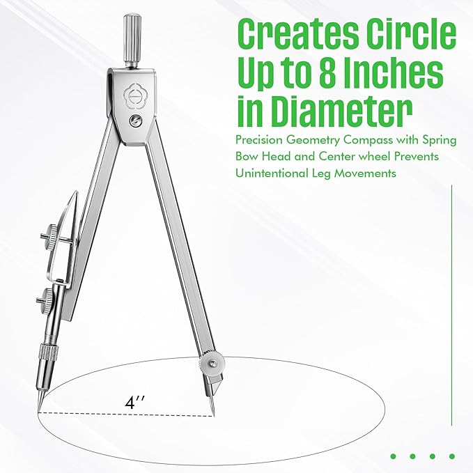 EBOOT Student Geometry Math Set, Drawing Compass and 6 Inch Swing Arm Protractor 180 Degree Math Protractor(Green)