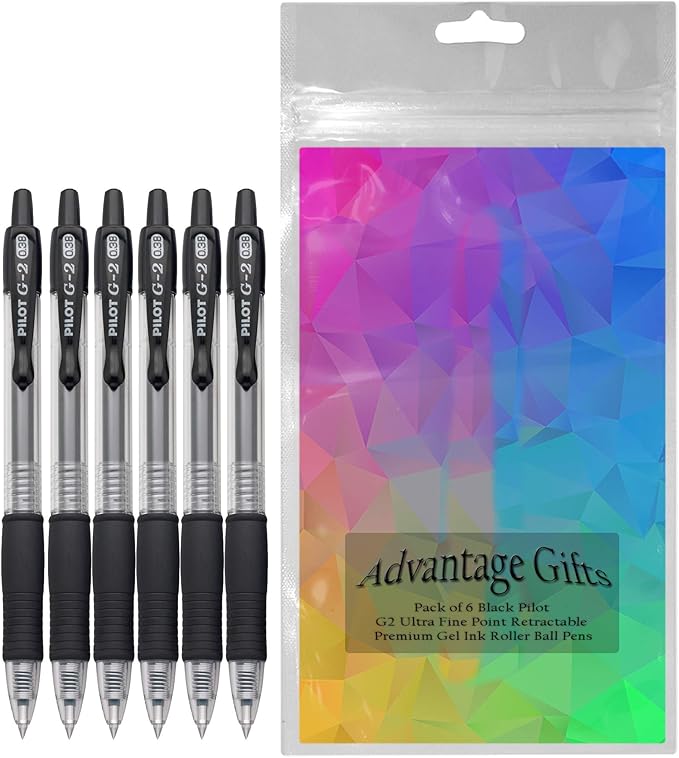 G2 Retractable Premium Gel Ink Roller Ball Pens Ultra Fine Point (.38mm) Black Ink 6 pack; Refillable & Premium Comfort Grip Bundle with Plastic Reusable Pouch