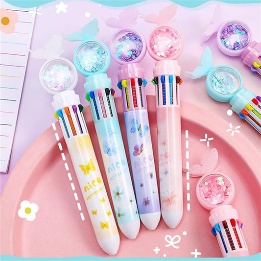4pcs Set Multi-Color Shuttle Pens 10-In-1 Retractable Ballpoint Pen 0.5mm, Butterfly Design, Home Office School Supplies for Students Kids (4pcs Random Color)