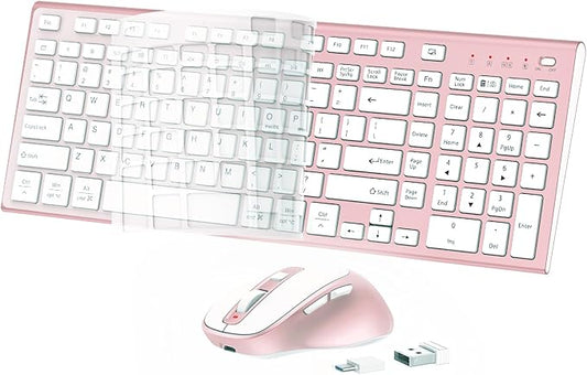 FENIFOX Wireless Keyboard and Mouse, Ergonomic Rechargeable Silent Quiet Slim Compact Full-Size USB C with Number Pad Flat Soft Cover for PC Computer Laptop Mac MacBook iMac Windows - Pink Rose Gold