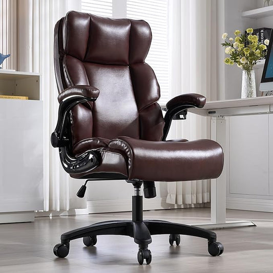 Big and Tall Office Chair 500lbs Wide Seat Executive Office Desk Chair High-Back Office Task Chair with Flip-Up Armrest, Ergonomic Lumbar Support Computer Office Chairs for Heavy People(Brown)