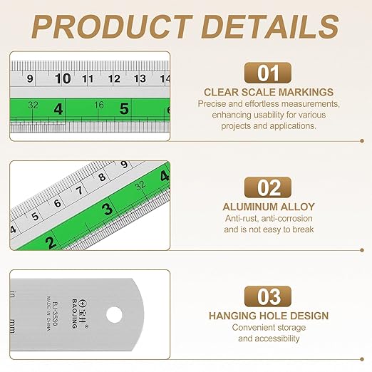 HARFINGTON 4pcs Metal Straight Ruler 30cm Metric SAE Aluminum Alloy Measuring Rulers Scale Tool with Hole for Measure Study Reading Classroom Office, Green