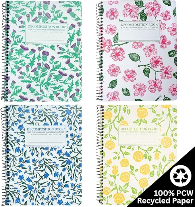 Decomposition 4-Pack Flowery Bouquet College Ruled Spiral Notebook - 9.75 x 7.5 Journal with 160 Lined Pages - 100% Recycled Paper - Cute Notebooks for School Supplies, Home & Office - Made in USA