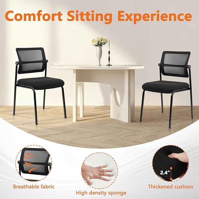 CLATINA Stacking Armless Office Waiting Room Chair with Adjustable Backrest, Stackable Mesh Guest Reception Desk Chairs with Ergonomic Lumbar Support for Conference Lobby Side School, Black, 2 Pack
