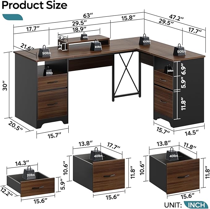 Bestier L Shaped Desk with 4 Drawers, 63" x 47" Executive Desk with Open Storage & Monitor Stand, Corner Desk with 2 File Drawers & Modesty Panel for Home Office, Cherry