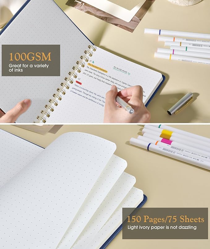 Dotted Spiral Journal Notebook, A5 Hardcover Spiral Journals for Women Men, 100 GSM Dot Grid Paper Notebooks, 150 Pages Spiral Bullet Dotted Notebook for Writing Note Taking 5.75" x 8.38", Navy Blue