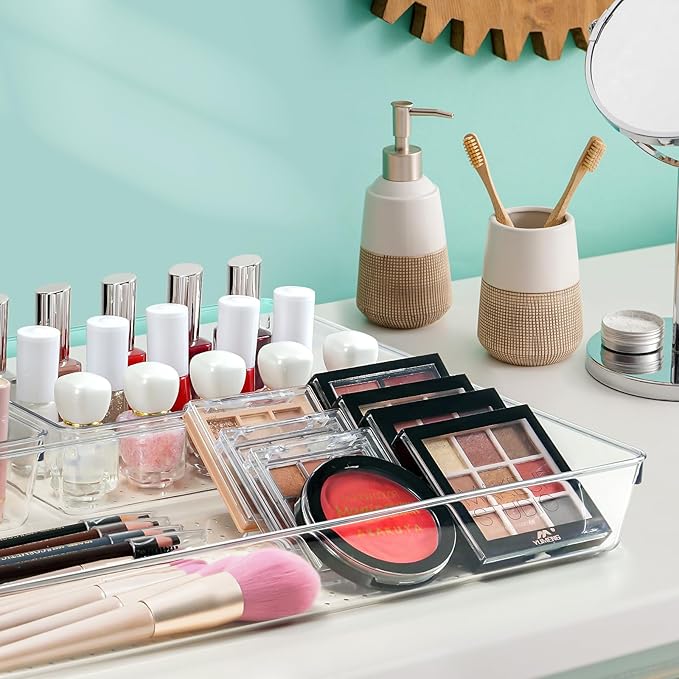 Criusia Drawer Organizer Set, Acrylic Non Slip Non Cracking Kitchen Drawer Storage Tray Large Size Divider, Multifunctional Storage for Cosmetics, Bathroom, Tools, Kitchen and Office (8 PACK)