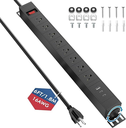 8 Outlet Metal Wall Mount Power Strip,360° Rotatable Mounting,PD 20W USB C Fast Charging,Surge Protector Powerstrip with 6FT Cords,15A 1875W, for Home Office Industrial Garage Commercial