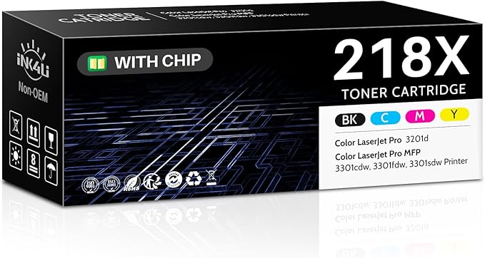 218X Toner Cartridges 4 Pack (with Chip) Compatible Replacement for HP 218X W2180X 218A W2180A Toner for HP Color Laserjet Pro 3201dw, MFP 3301cdw, 3301fdw, 3301sdw Printer (B/C/M/Y, High-Yield)