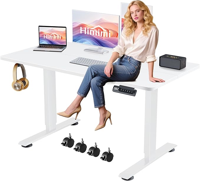 Himimi Electric Standing Desk 55 x 24 inch for Home Office,Sit-Stand Adjustable Desk with Memory Presets,Height Adjustable Desk for Gaming/Working,Free Hook, Lockable Wheels,Mouse Pad,White