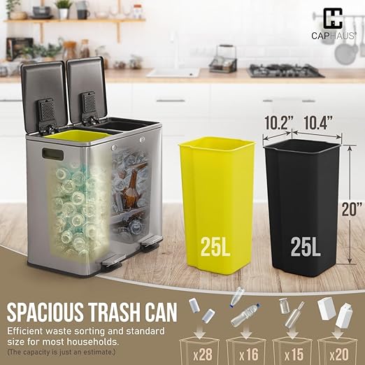 CAPHAUS Dual Trash Can with Double Lid, Trash and Recycle Bins Combo, Hands-free Stainless-Steel Garbage Can for Kitchen, with 2 Compartment, Hinged Lid, Odor Filters, Handles, 25L+25L, 2 x 6.6 Gallon