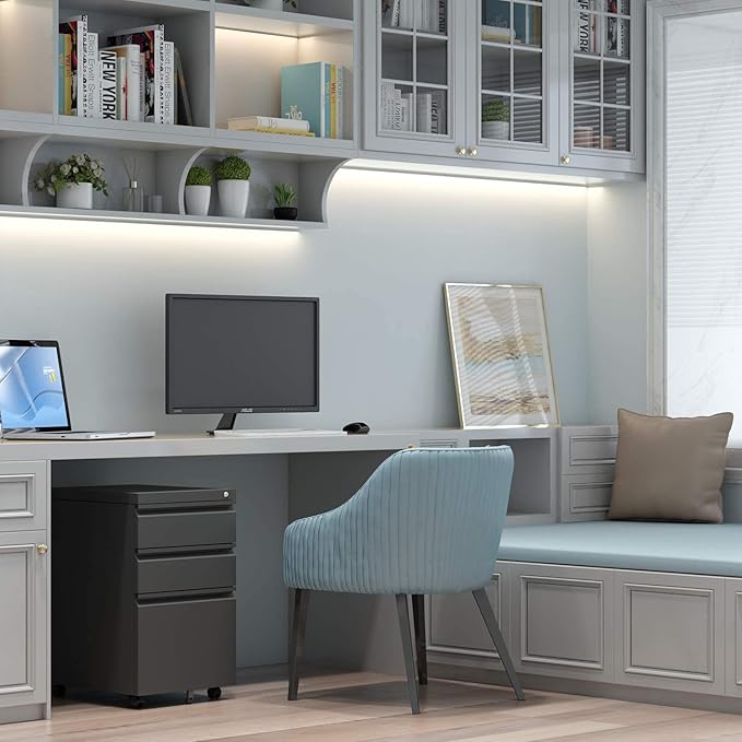 File Cabinet for Home Office, 3 Drawers File Cabinets with Lock, Rolling Under Desk Filing Drawer on Wheels