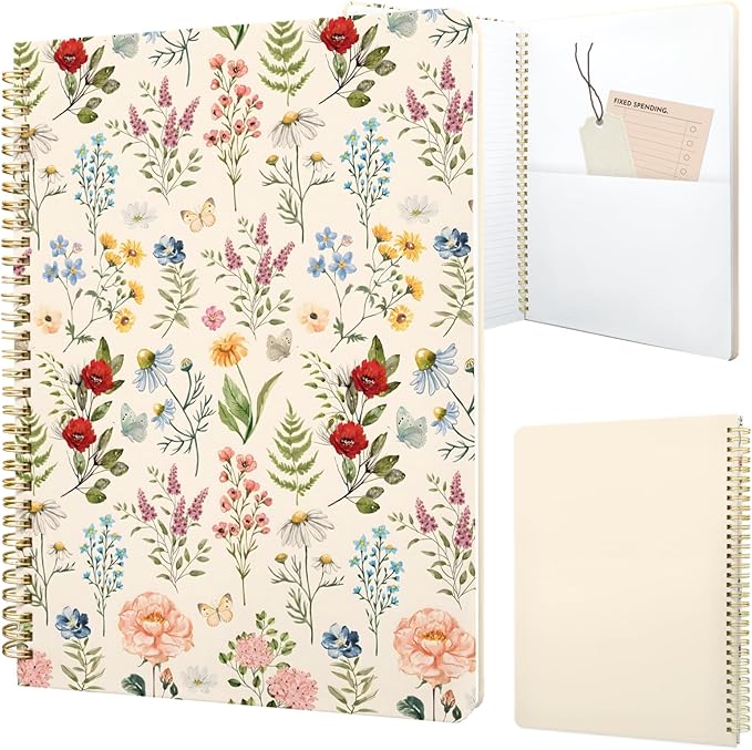 Cute Spiral Notebook journal A4 Aesthetic Pretty Design for Women Girls Kawaii with Pocket, 11.5 x 8.5 inch, Lined, Vintage Flower