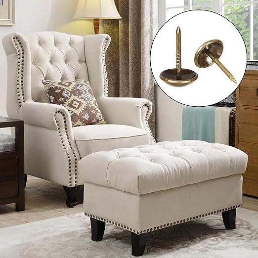 500Pcs Decorative Upholstery Tacks, 7/16” Antique Furniture Nails Pins, Brass Finish Metal Thumb Tack Stud Push Pins for Sofa Chair Bed Headboard, Upholstery Pin Assortment Kit for Furniture Décor
