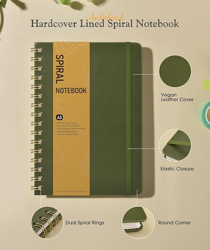 Graph Spiral Journal Notebook, A5 Hardcover Spiral Journals for Women Men, 100 GSM Graph Paper Notebooks, 150 Pages Spiral Bound Grid Notebook for Writing Note Taking Work 5.75" x 8.38" Olive Green