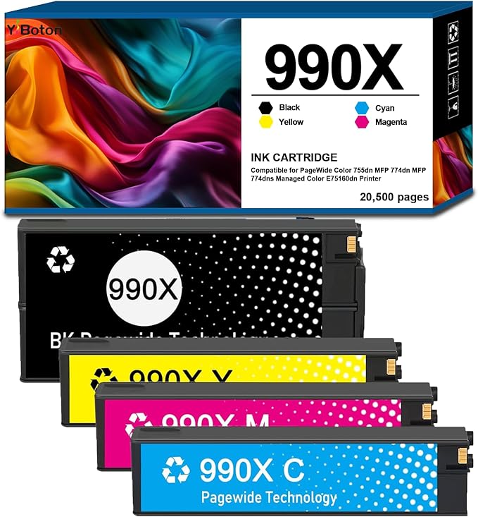 High Yield 990X 990 990XC Ink Cartridges Compatible with HP PageWide Color 755dn MFP 774dn MFP 774dns Managed Color E75160dn Printer Ink (Black,Cyan,Magenta,Yellow)