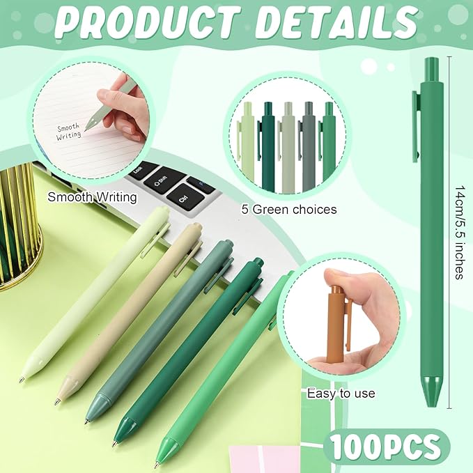 100 Pcs Ballpoint Pens Bulk Retractable Writing 1. 0 mm Black Ink Cute Pens Smooth Writing Color Fancy Gift for Teacher Student Employee Office School Home Baby Shower Supplies (Green Series)