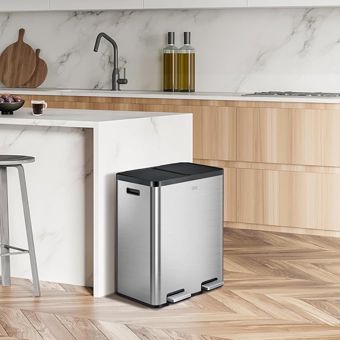 EKO Essential 8+8 Gallon Dual Trash Can, Kitchen Step Recycle Trash Can with Dual Removable Bucket, Independent Lids and Pedals, Brushed Stainless Steel