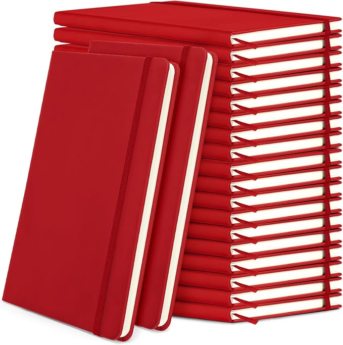 Honoson 20 Pack Lined Journal Notebooks A5 Hardcover Executive Notebook 5.5" x 8.3" PU Leather Wide Ruled Journals Bulk with Elastic Band for Home Business Office School Supplies(Red)