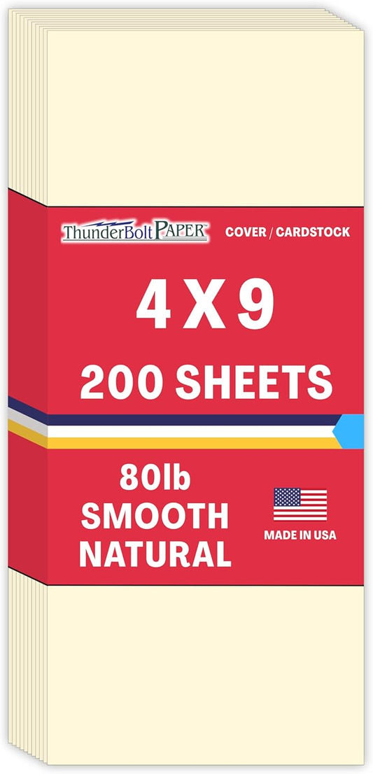 200 Natural Smooth Card Stock Sheets Paper - 4" X 9" (4X9 Inches) #10 Envelope Insert Size - 80# (80 lb/Pound) Cover Weight - Quality Paper - Smooth Finish