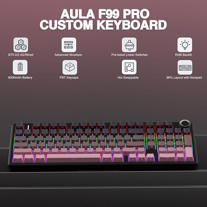 AULA F99 Pro Wireless Mechanical Keyboard with Knob,Tri-Mode BT5.0/USB-C/2.4GHz Hot Swappable Keyboard,Pre-lubed Switches,RGB Backlit Computer Gaming Keyboards