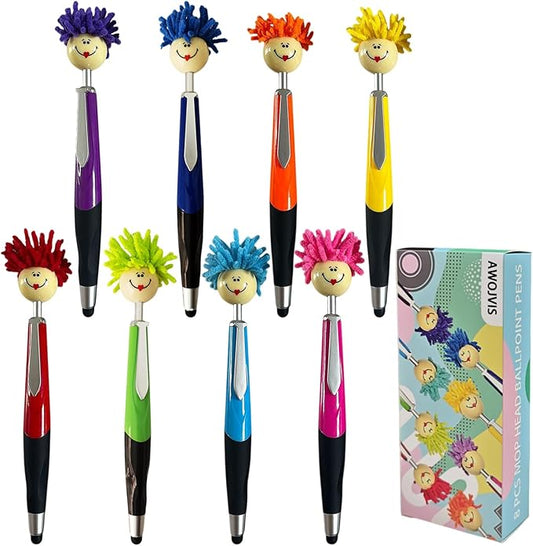 8pcs Mop Head Ballpoint Pens, Funny Mophea Topper Pen with Plush Hair Writing Click Pen Portable Cute Cartoon Multi-function Signing Pens Decor Gift for Office Home Kids and Adultes 8-color outfit