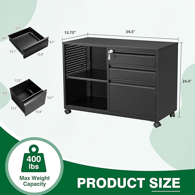 3 Drawer Metal File Cabinet with Lock,Mobile Lateral Filing Cabinet,Printer Stand Storage Cabinets with Shelves for Home Office(Black)