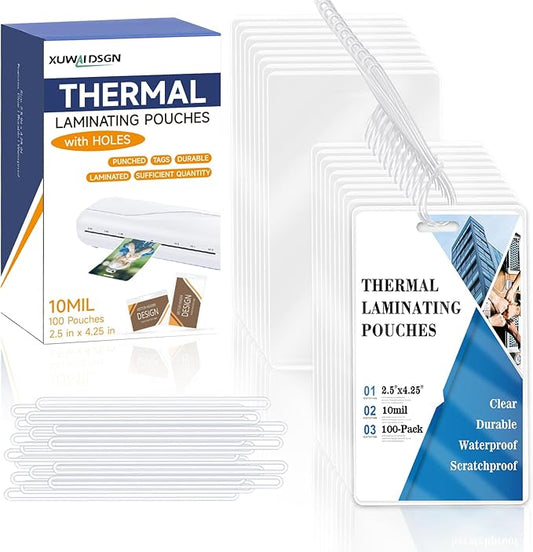 100 Pieces 10 Mil 2 1/2" x 4 1/4" Laminating Pouches with Slot Hole Printable Luggage Tags Clear Thermal Laminate Pouch Tags Kit Resealable for Work Permits Pass Cards Student ID Cards (100, 10 Mil)