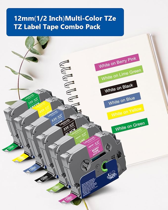 6-Pack Compatible TZe Label Tape 12mm 0.47 Laminated Multi-Color TZe-335 535 635 735 MQP35 MQG35 TZe-231 TZ Tape for PT-H110 D210 D220 D400, Black/Blue/Yellow/Green/Pink/Lime Green