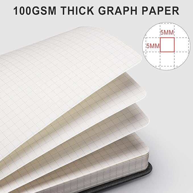 AHGXG Graph Paper Notebook - 320 Pages Grid Notebook Thick Journal A5, 100gsm Thick Graph Paper, Leather Hardcover, Inner Pocket,5.75'' × 8.38''- Black