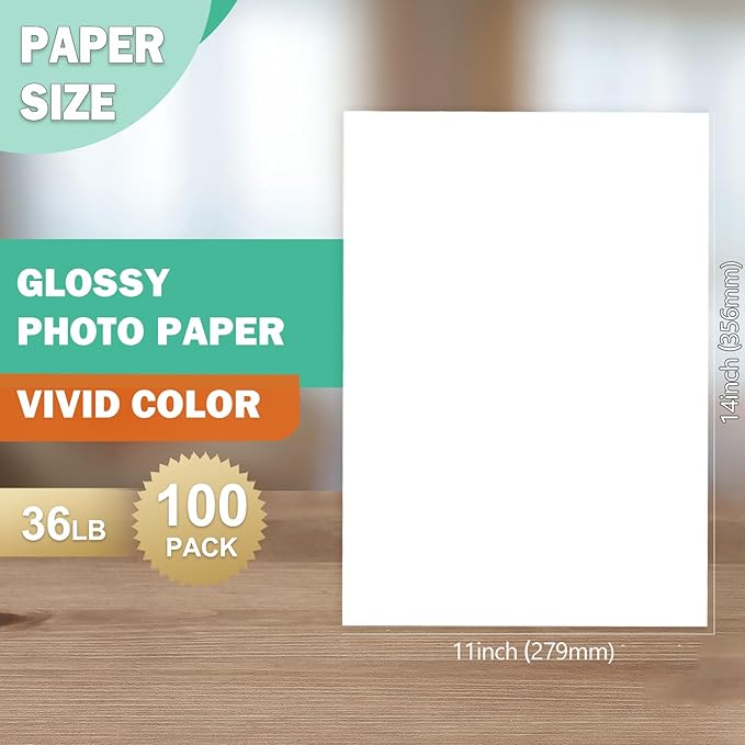 36lb Glossy Photo Paper, 11x14, 11R Size, Thin Glossy Photo Paper for Chip Bags, Inkjet, 100 Pack
