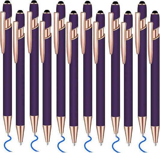 12 Pcs Blue Ink Ballpoint Pen with Stylus Tip, 1.0 mm Metal Pen Stylus Pen for Touch Screens, 2 in 1 Thank You Pen Gift for Office (Purple Rose Gold)