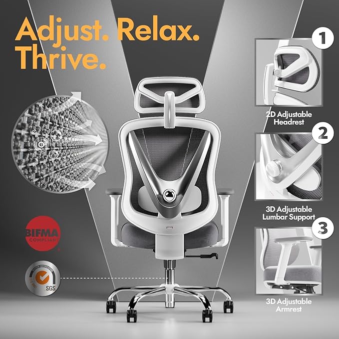 Ergonomic Mesh Office Chair - 3D Adjustable Lumbar Support & 3D Armrests, V-Shaped Back, Adjustable Desk Chair for Office & Home, White