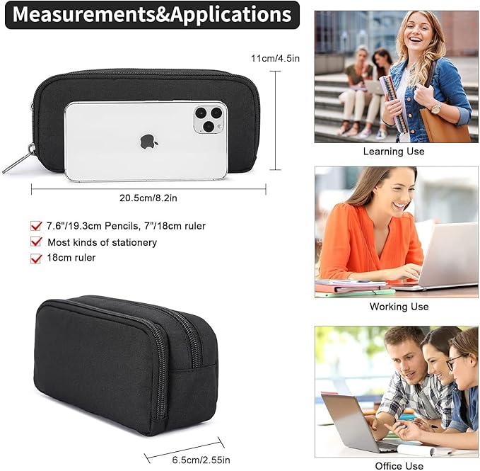 Della Gao Pencil Case Large Capacity Pencil Pouch Aesthetic Pencil Box for Office Stationery Organizer, Simple Sturdy Multifunctional Pencil Bag for Men - Black