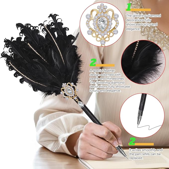 CROWN GUIDE Luxury Feather Quill Pen with Shiny Rhinestones & Curled Goose Feathers- Wedding Guest Book Pen, Great Gatsby/HP Party Supplies, Bridal Shower Gift with Rose Gold Heart Charm (13.8",Black)