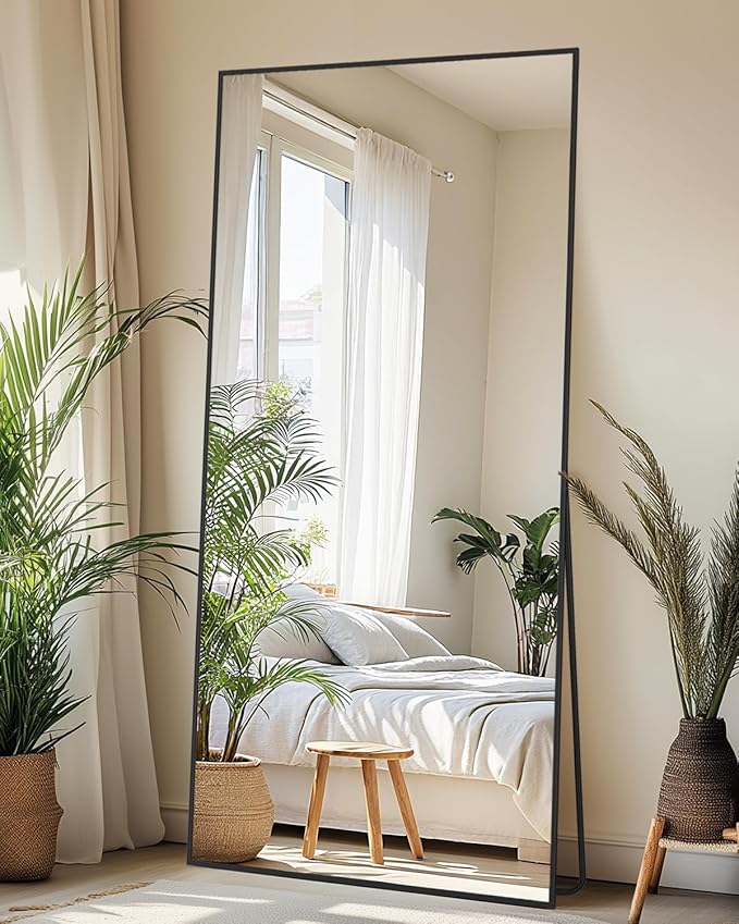 Full-Length Floor Mirror with Stand, 58"x21" Rectangle Style Full Body Standing Mirror for Bedroom, Living Room, Gym, Dorm - Shatter-Resistant & Easy Assembly, Black