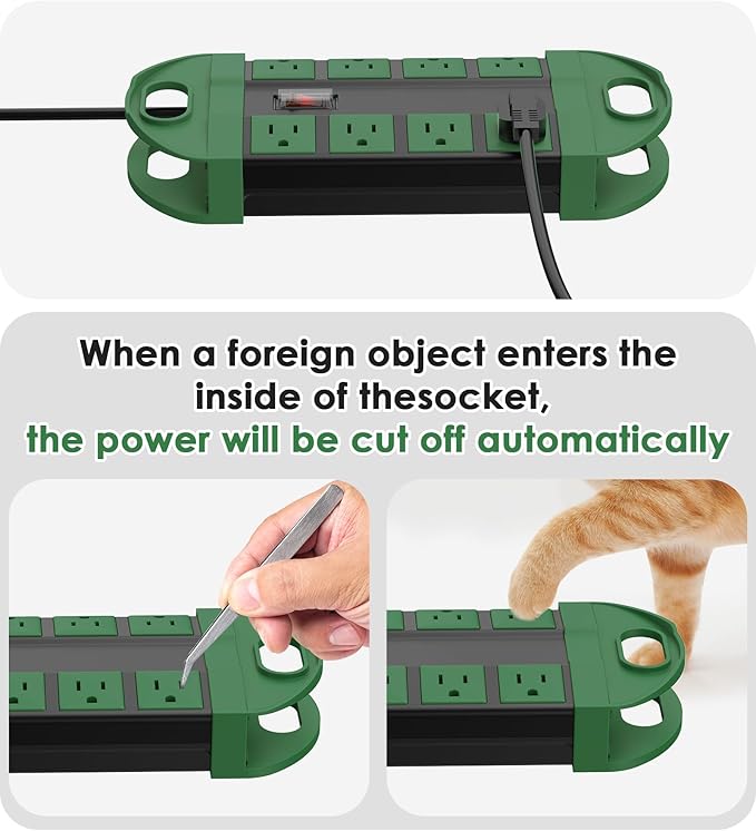 CCCEI Outdoor Power Strip Weatherproof with 8 Plug, Waterproof Extension Cord with Multiple Outlets, Christmas Exterior Garden Yard Surge Protector 6FT, Green.