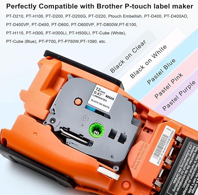 Compatible with Brother P Touch Colored Label Tape TZe 131 231 MQ531 MQP35 MQE35 Pastel Label Maker Tape Made for Brother P-Touch PT-D210 PT-D220 Label Maker, Clear/White/Purple/Pink/Blue