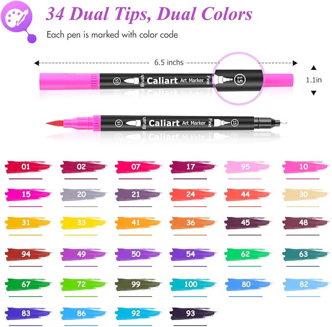 Caliart 34 Double Tip Brush Pens Art Markers, Aesthetic Cute Preppy Stuff School Supplies, Artist Fine & Brush Pen Coloring Markers for Kids Adult Book Cards Drawing Craft Kit Teacher Office Supplies