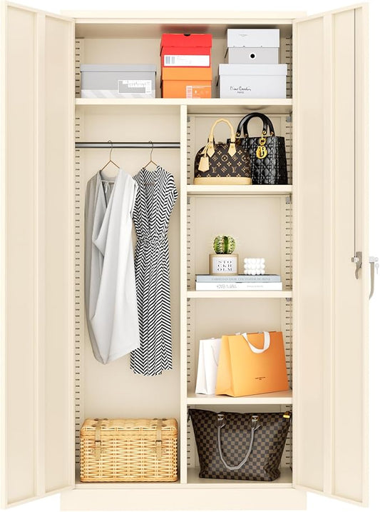 Greenvelly Metal Storage Wardrobe Cabinet with Lock, 72" Grey Metal Wardrobe Closet for Hanging Clothes with Doors and Shelves, Modern Clothes Closet for Home, Office and Bedroom, School,Gym