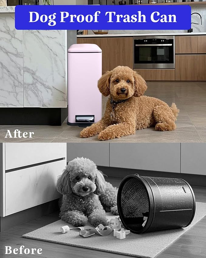 Bathroom Trash Can with Lid, 2.6 Gallon Stainless Steel Slim Garbage Can, Pedal Trash Bin with Removable Liner Bucket, 10L Rectangle Trash Bin for Bedroom, Kitchen, Office (Pink)